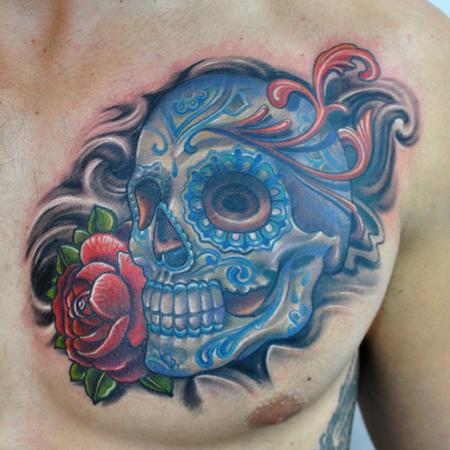 Tattoos - Colorful Sugar Skull with Rose Tattoo - 78216